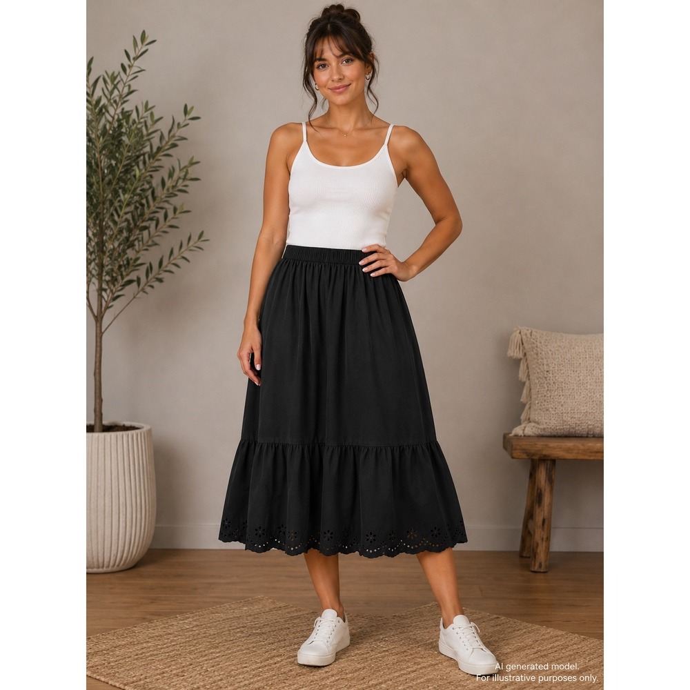 Clyde Vintage Black Eyelet Tiered Midi Skirt Elastic Waist Cotton Blend Small
